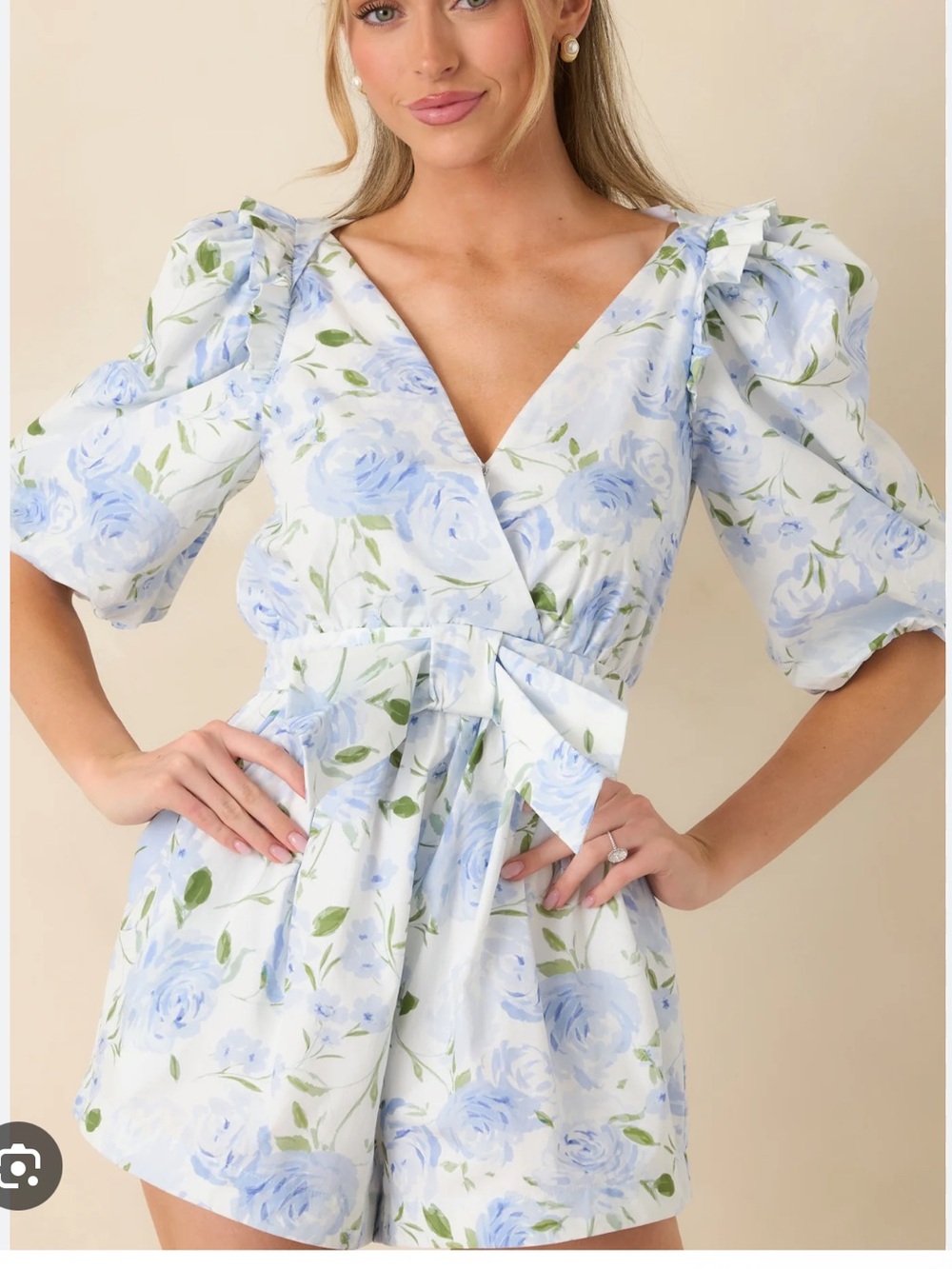 Blue Floral Puff-Sleeve Romper with Waist Tie